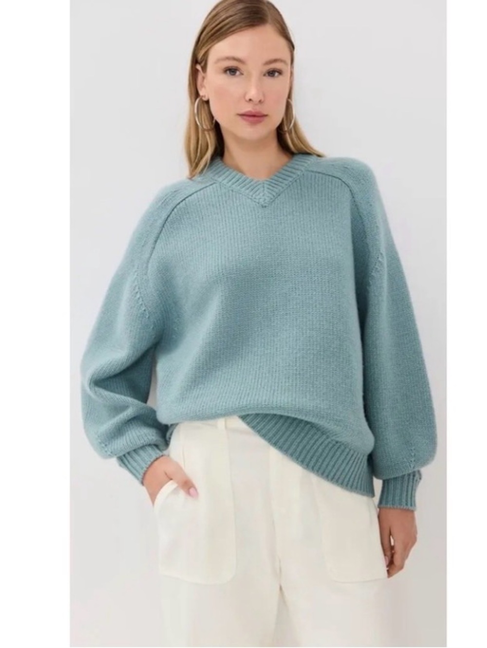STAUD Wilson Sweater in Mist Blue | XS | Wool Blend Oversized V-Neck Knit